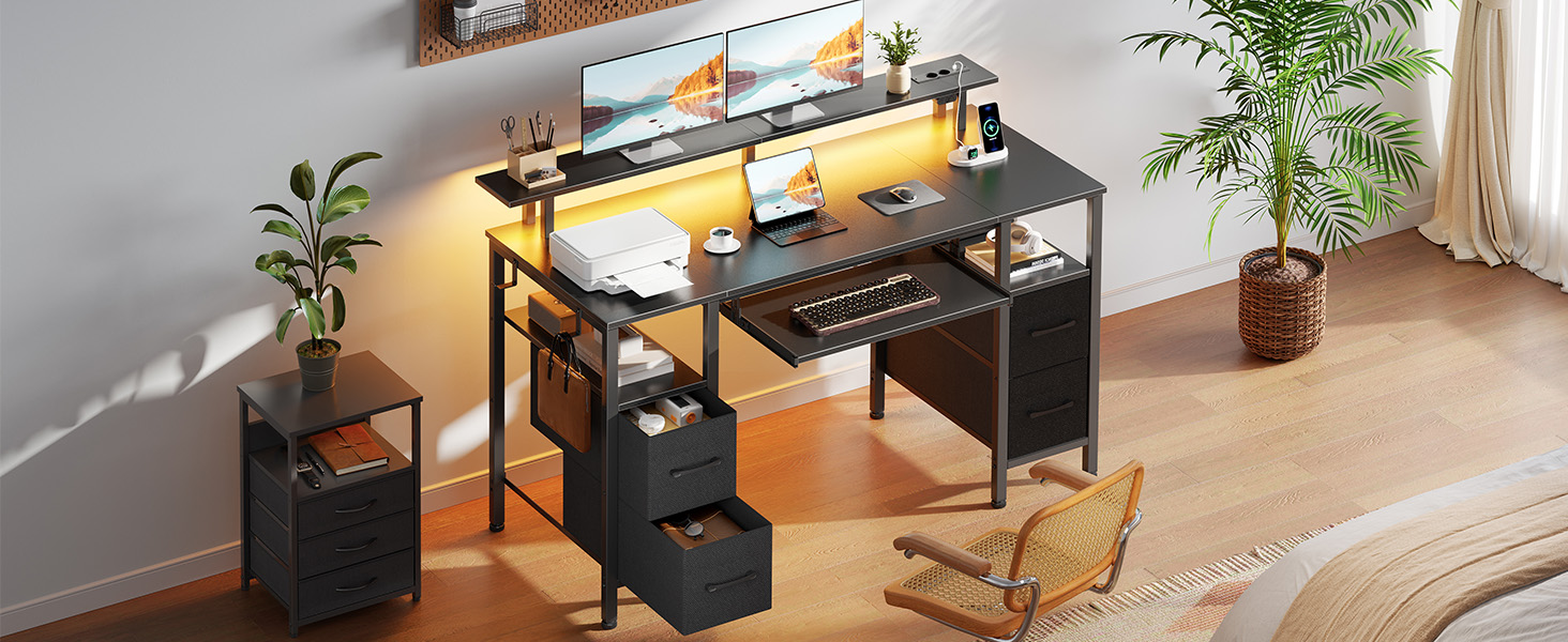 Комп'ютерний стіл Rolanstar з ящиками, 120x47 см, ігровий стіл з розеткою, LED-підсвітка та підставка для монітора, стіл для дому, офісу, вітальні, білий (чорний)