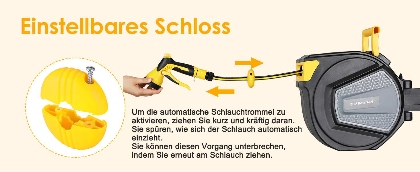 Шланговий барабан з шлангом для саду з автоматичним змотуванням, поворотний на 180°, настінна шланговий бокс з ручною лійкою (9 функцій), для поливу та миття авто (чорно-жовтий, 30м)
