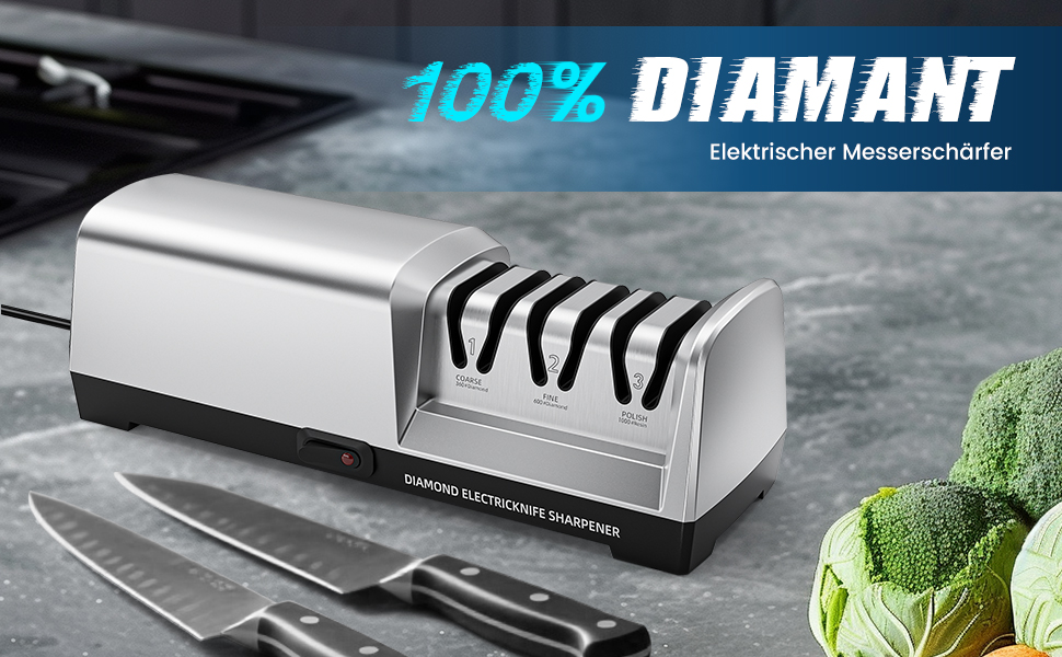 Електричний точильний верстат для ножів MusyVocay з алмазним покриттям, професійний 3-ступеневий, кухонний точило з регулюванням кута 20 градусів для грубого заточування та ремонту, срібний