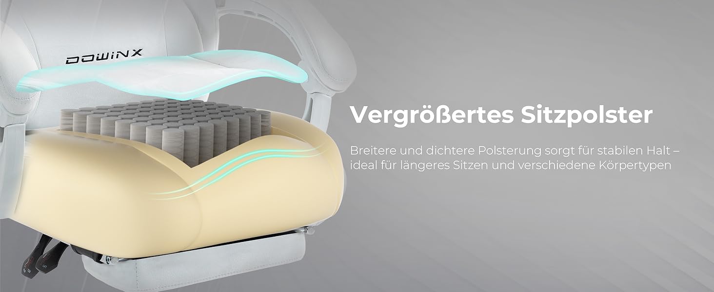 Ігровий крісло Dowinx з регульованою висотою масажного поперекового підтримувача, ергономічний дизайн, м'яка мікрофібра велюр, посилене сидіння, підголовник та підніжка в комплекті, регулювання на 155°, (Білий, Титан)