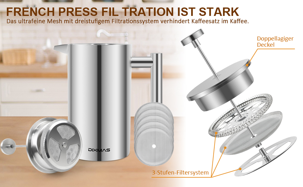Френч-прес Dixmas для кави, нержавіюча сталь, 350 мл (2 чашки), термоізольований, двостінний