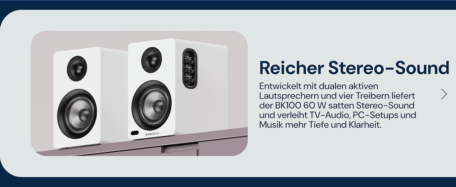 Акустична система Oakcastle BK100 Bluetooth 5.4, 60W 2.0 Hi-Fi поличні колонки для телевізора (HDMI ARC) та ПК, білі, з пультом