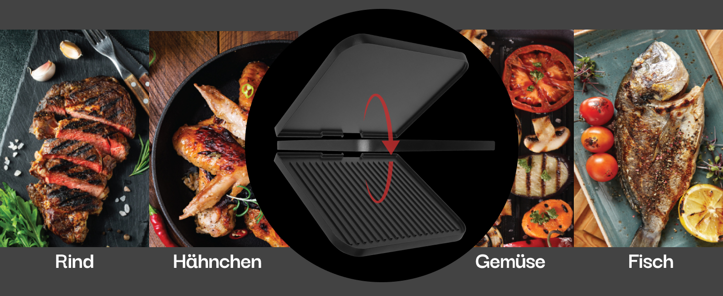 LEBENLANG Електричний гриль для столу - з щипцями та захистом від бризок | 2400W | Для дому та вулиці | Гриль для балкона, столу | Електричний гриль-плита