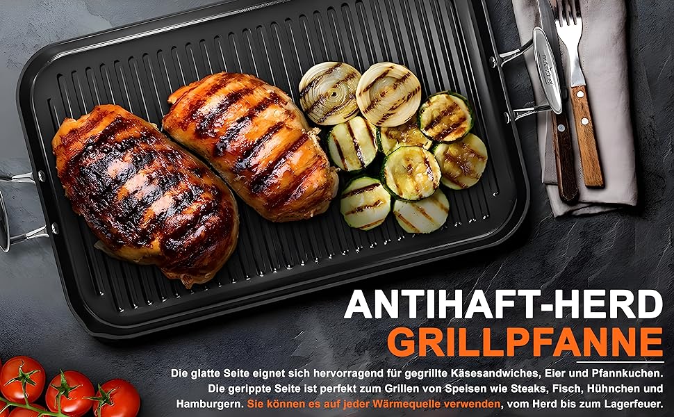 НутріШеф Гриль-плита 56 см – чавунна сковорода-гриль з антипригарним покриттям та жолобками для збору жиру, стійка до високих температур. Підходить для газового гриля, плити, BBQ та приготування їжі в приміщенні.