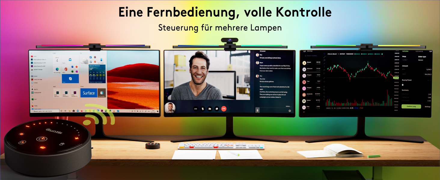 Quntis LED лампа для монітора 66 см з RGB підсвічуванням та пультом дистанційного керування, регульована, з автодиммуванням, захистом від синього світла, без мерехтіння, для геймінгу