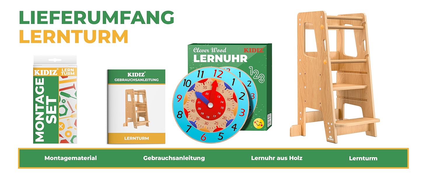 Дитячий навчальний стільчик KIDIZ® для дітей від 1 року | 3-ступеневий, регульована висота, збірка з сосни | Розвиває моторику, Montessori, до 50 кг, антрацит & сосна