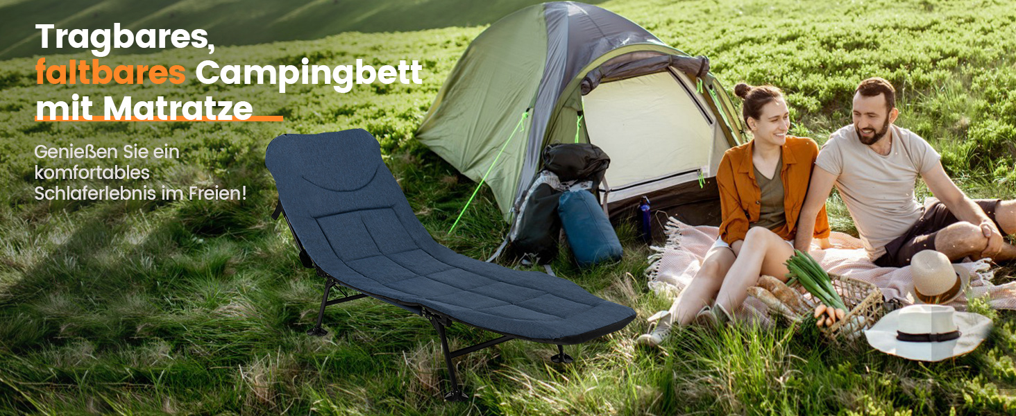Складане ліжко для риболовлі та кемпінгу GOPLUS, посилене (до 200 кг), з регульованою спинкою (6 позицій) та спеціальними опорами для м'якого ґрунту, сіре