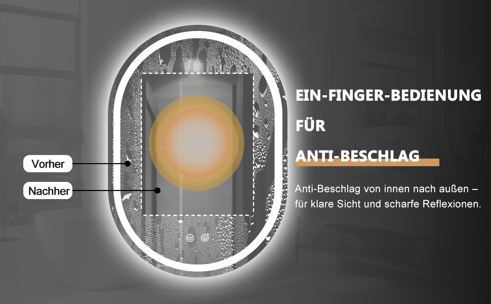 Дзеркало для ванної кімнати Trintion з підсвічуванням, 50x70 см, овальне, з годинником та сенсорним вимикачем, антизапотівальне, диммер, 3 кольори світла (3500K-6500K)