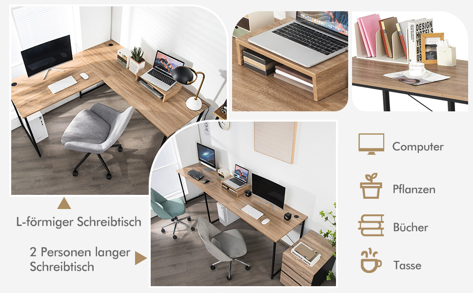 COSTWAY L-подібний кутовий стіл, геймінговий та офісний, 150 x 150 x 74 см (Чорний)