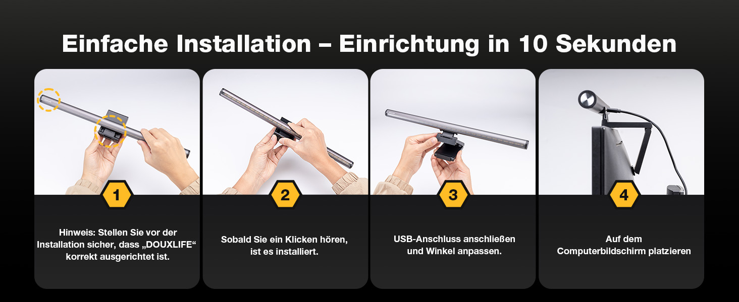 Світлодіодна лампа для монітора Douxlife Screenbar з сенсорним керуванням та пультом дистанційного керування, USB-зарядка, регульована яскравість та колірна температура, захист очей для ПК, чорний