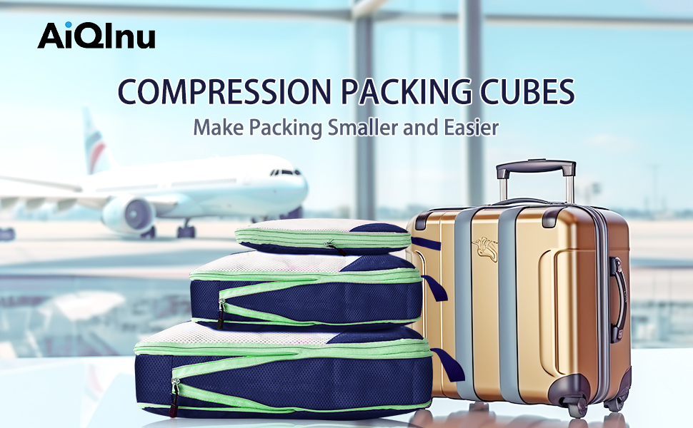 Набір компресійних органайзерів для одягу AiQInu (5 шт), ультралегкі сумки для пакування в подорожі з мішком для взуття та білизни, темно-синій