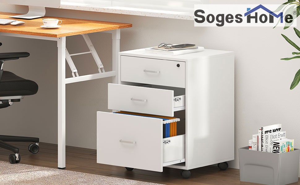 Шафа для документів на колесах SogesHome, офісний контейнер з 3 висувними ящиками, білий, з замком