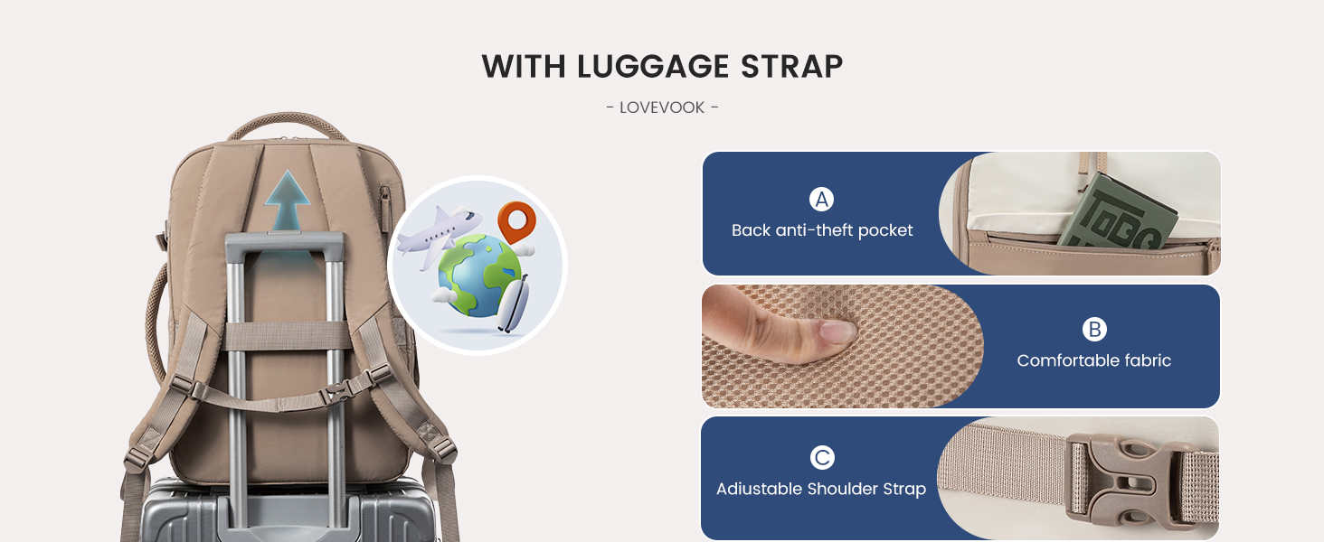 Рюкзак жіночий LOVEVOOK 40L для подорожей та авіаперельотів, Carry On, Beige Khaki, 17 дюймів