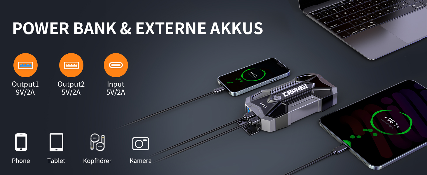 Бустер CARHEV Jump Starter 4500A — Пусковий пристрій для автомобіля (бензин/дизель до 8.0л), Powerbank з LED-ліхтарем та USB-портами