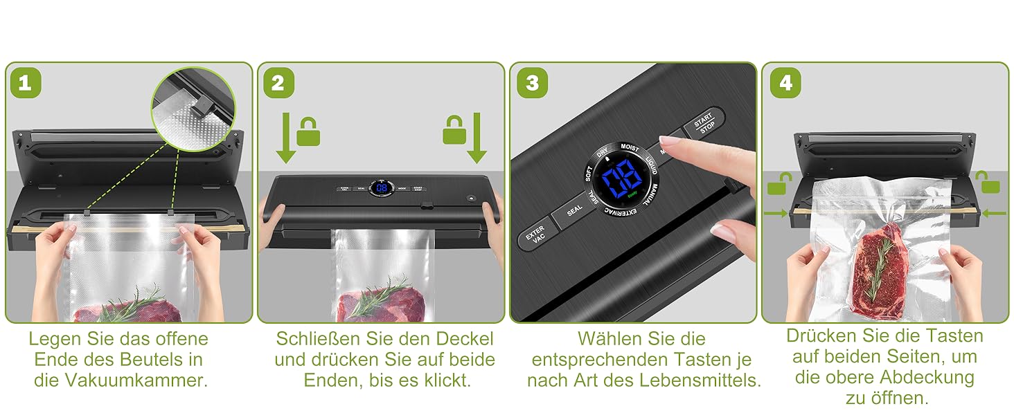 Вакууматор для продуктів 7 в 1, професійний вакуумний пакувальник з подвійним швом, цифровим таймером та різаком, комплект з 50 пакетами (Чорний)