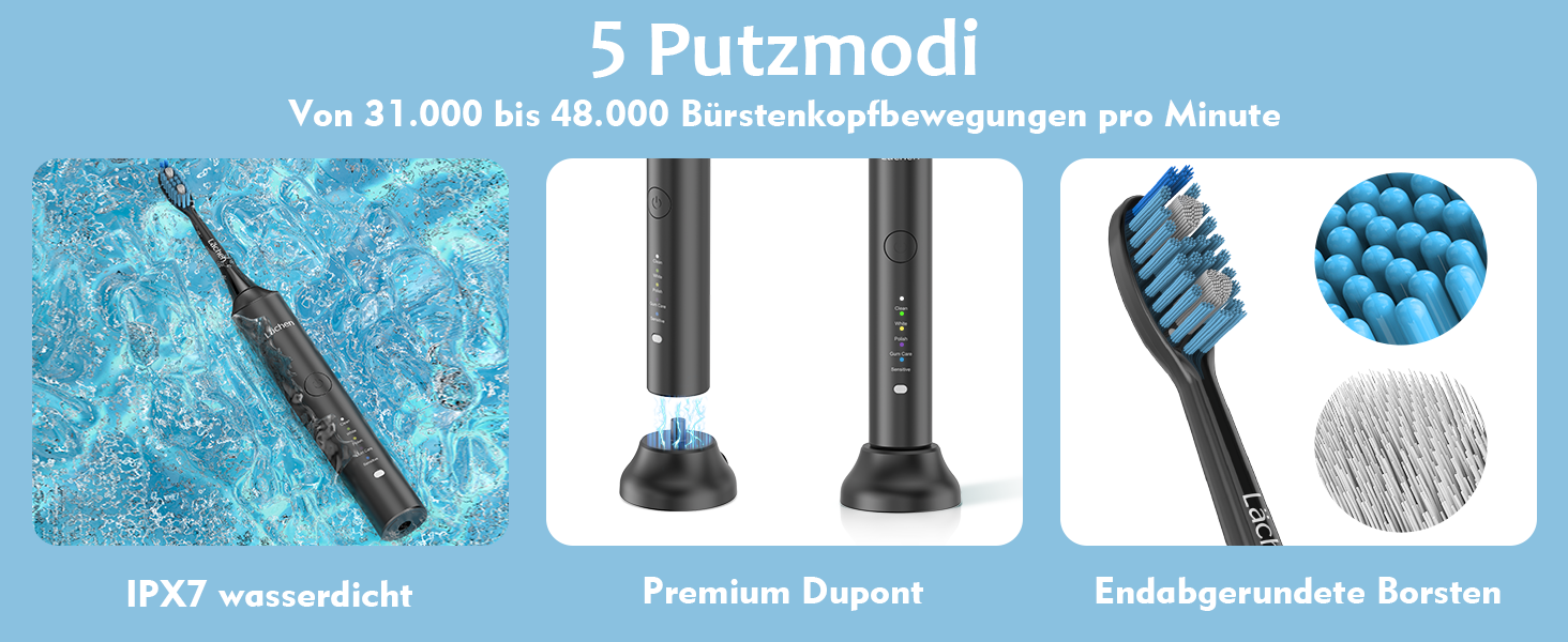 Електрична звукова зубна щітка Läschen з 5 режимами, кейс, 4 насадки, USB-зарядка, таймер, IPX7, чорна