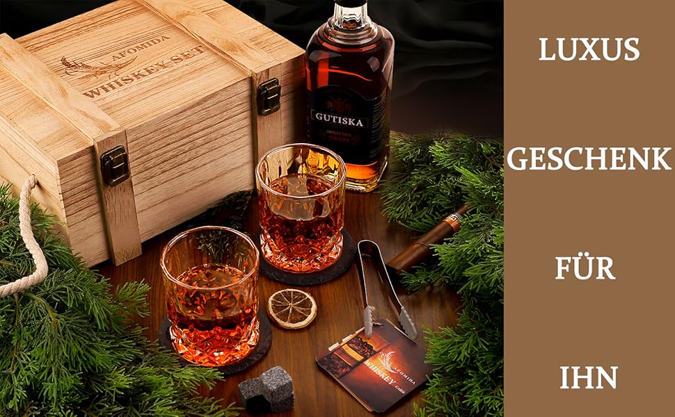 Подарунковий набір для віскі: 2 склянки 300 мл, 8 гранітних каменів для охолодження, 2 підставки, пінцет, рецепти коктейлів, дерев'яна коробка. Ідеальний подарунок чоловікові, татові на Різдво/День народження
