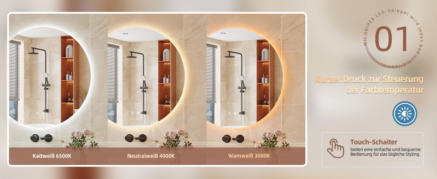 Дзеркало для ванної кімнати Dripex LED з підсвічуванням, кругле, сенсорне управління, регулювання яскравості, 3 кольори світла, запобігання запотіванню, 80x80 см