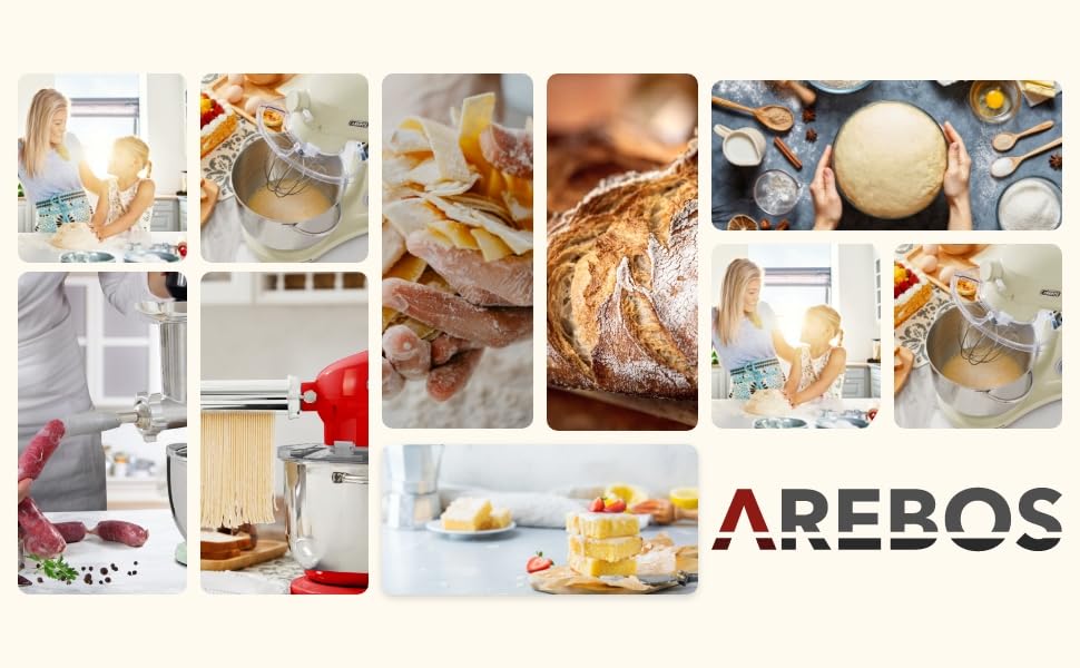 Кухонна машина Arebos Retro 1800W з чашею 6L з нержавіючої сталі | Кухонний міксер з 6 насадками (для тіста, збивання, збивання) та захистом від бризок