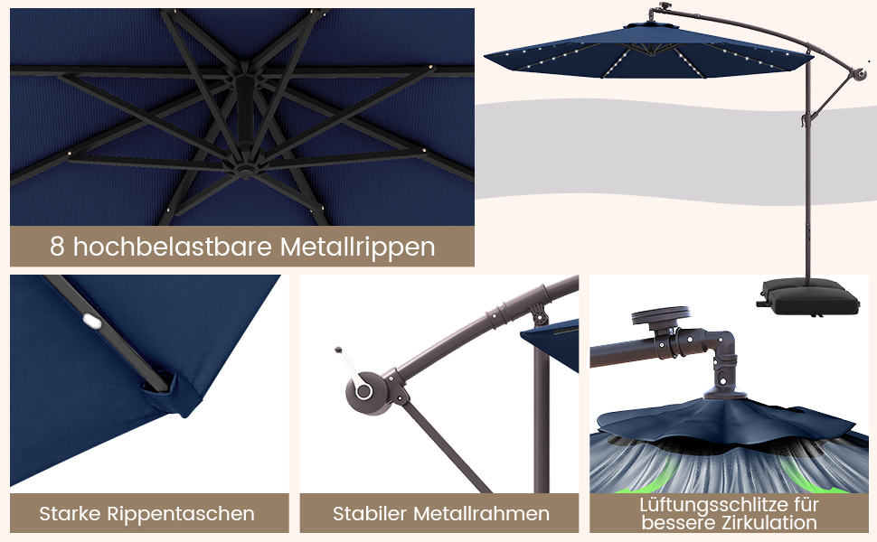 Парасолька від сонця COSTWAY 300 см з підставкою та LED-підсвіткою, бежева — садова парасолька-ампел з ручкою-коробкою та UV-захистом для тераси, басейну та двору