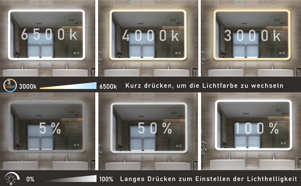 Великий настінний дзеркало Badspiegel 120x70 см з підсвічуванням LED, сенсорне керування, антизапар, регулювання яскравості для ванної кімнати та вітальні, біле світло (50x70 см, 3 кольори світла)