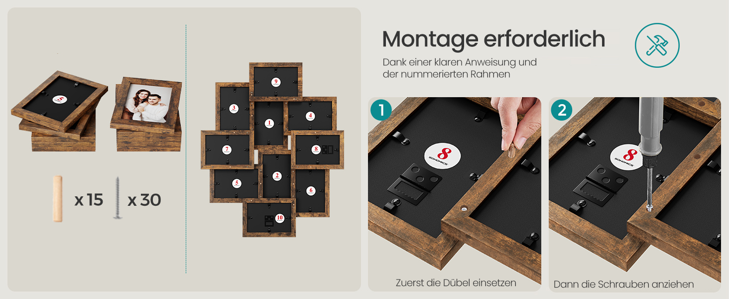 Фоторамка SONGMICS на 10 фото 10x15 см, дерев'яна (MDF), вінтажний коричневий RPF20WT