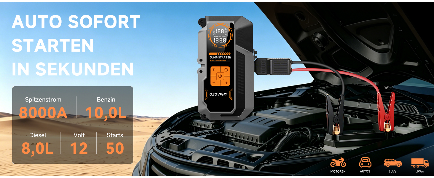 Пусковий пристрій (бустер) для авто 8000A з компресором 150 PSI та функцією Powerbank