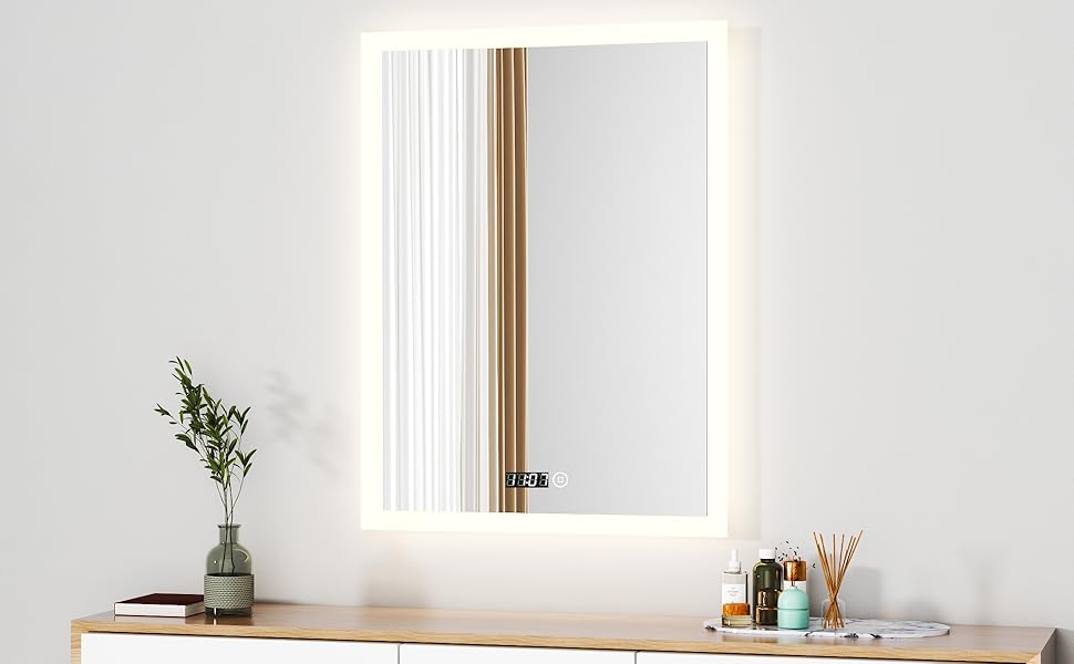 Дзеркало для ванної кімнати з підсвічуванням та годинником 50x70 см. LED дзеркало з сенсорним керуванням, 3 кольори світла, регулювання яскравості, 2470LM, стиль JB