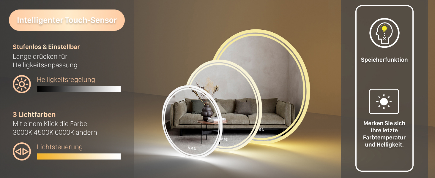 Дзеркало для ванної кімнати LUVODI кругле з підсвічуванням: LED дзеркало 60 см з регульованою яскравістю, 3 кольори світла, сенсорне управління, запобігання запотіванню, енергозбереження, для ванної кімнати, гостьового туалету