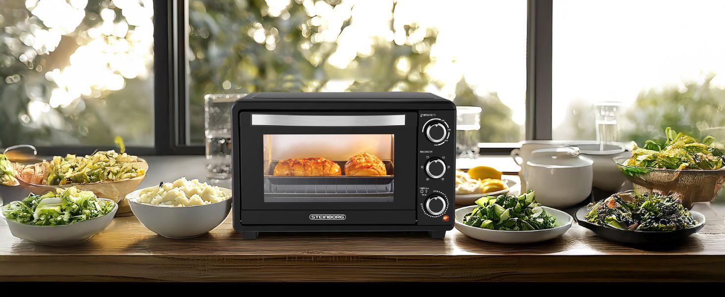 Міні-піч Steinborg 25 л з конвекцією: піч, піца, хліб. Таймер, 100-230°C, зйомний піддон. Економне споживання енергії