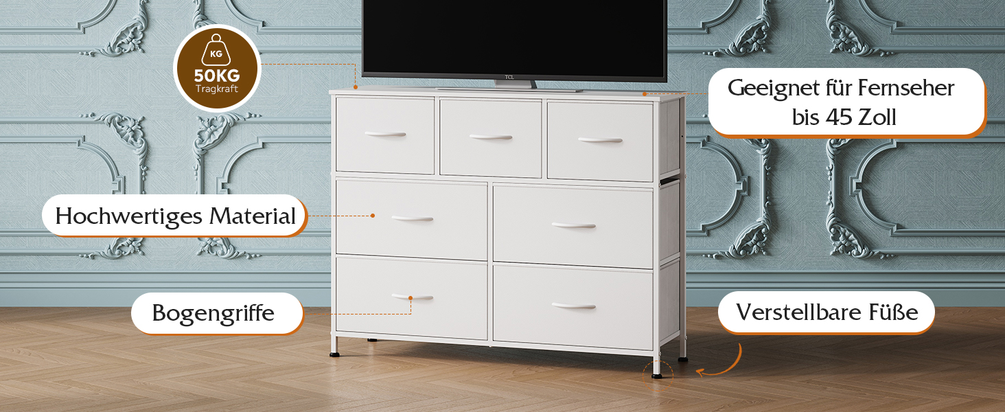 Комод WLIVE з 7 висувними ящиками з тканини, шафа-комод для спальні, комод у вітальню, зі стабільним сталевим каркасом, білий, 7 ящиків, білий