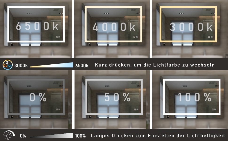 Великий дзеркало для ванної кімнати Badspiegel 120x70 см з підсвічуванням LED, сенсорне керування, антизапар, регулювання яскравості, для ванної кімнати та вітальні, білий колір, тип A: біле світло (50x70 см, 3 кольори світла / з розеткою)