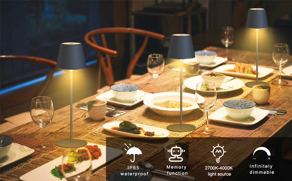 LED настільна лампа MALUX бездротова з торшевим керуванням, регулювання яскравості, тепле біле світло 2700K-4000K, метал, акумулятор, водонепроникність IP54, для саду, їдальні, спальні, робочого кабінету, балкону, готелю (темно-сірий)