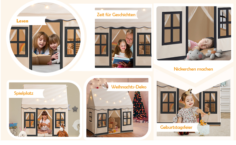 Дитячий намет DREAMADE з гірляндою та килимком, намет Тіпі, дитячий будиночок з вікнами, намет для хлопчиків та дівчаток, для дому та вулиці (Бежевий + Чорний)