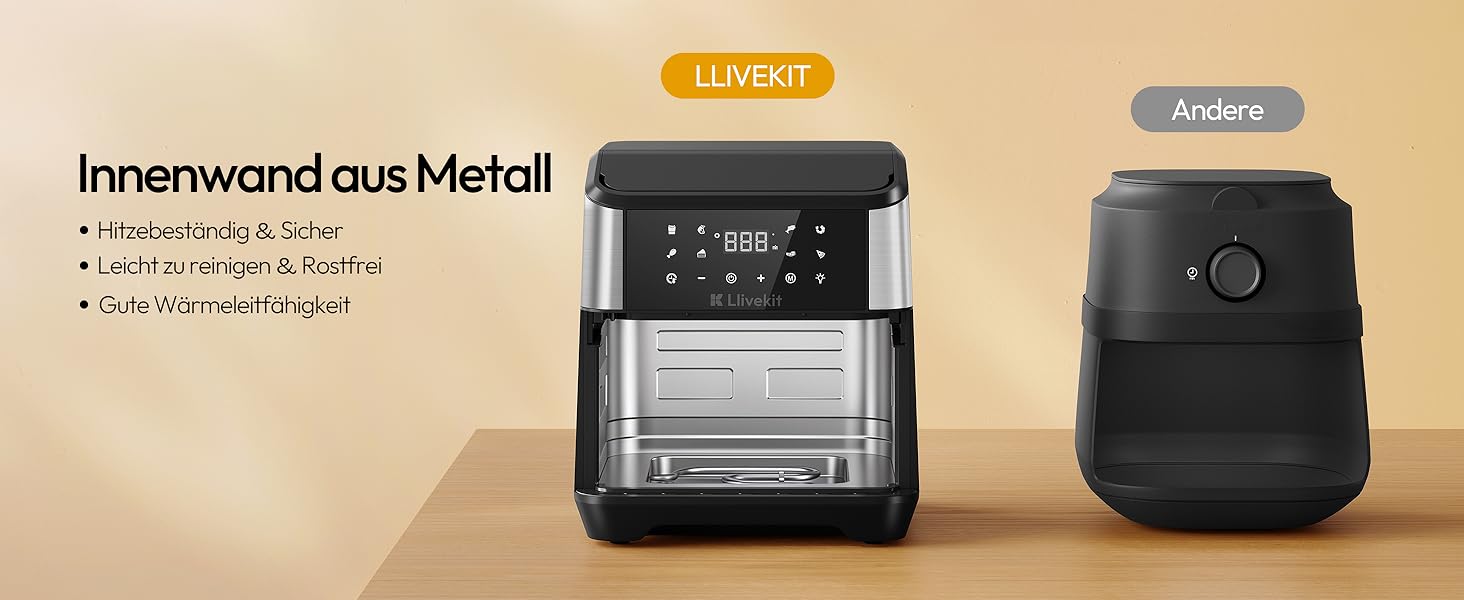 Аерофритюрниця LLIVEKIT з двома камерами та вікном перегляду, 8.5л (4.5л+4.5л), мультипіч 9-в-1 XXL без олії, сенсорне керування, таймер, чорно-срібляста