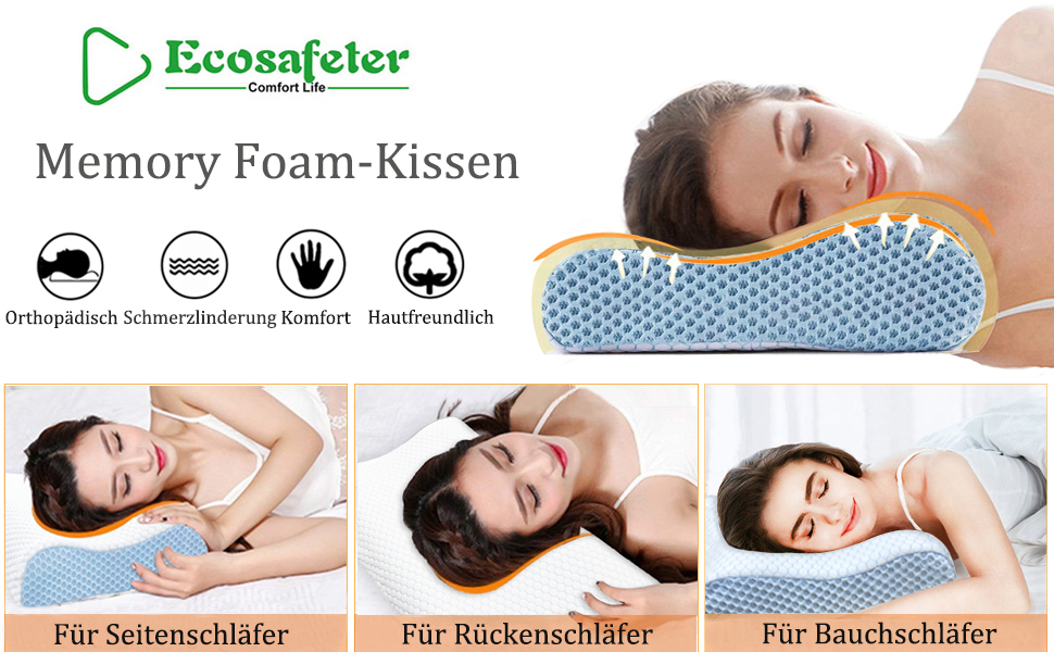 Ергономічна подушка з ефектом пам'яті (Memory Foam) для шиї та підтримки хребта, ортопедична подушка для сну на боці та спині з бамбуковим чохлом, синя