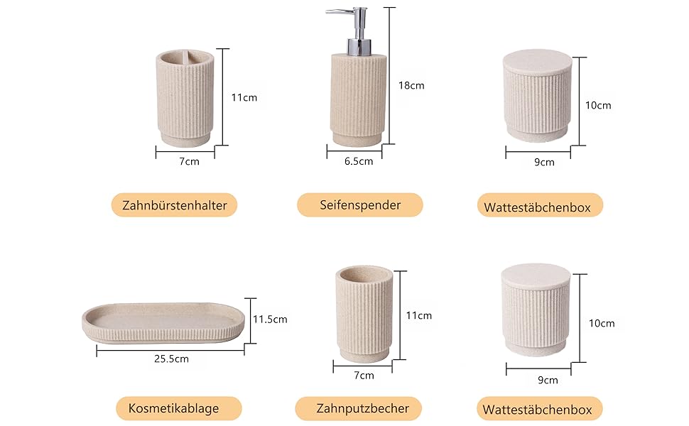 Набір для ванної кімнати 6 предметів: дозатор для мила, стаканчик для зубної щітки з підносом та коробочка для ватних паличок – смугастий дизайн, високоякісна смола (бежевий)