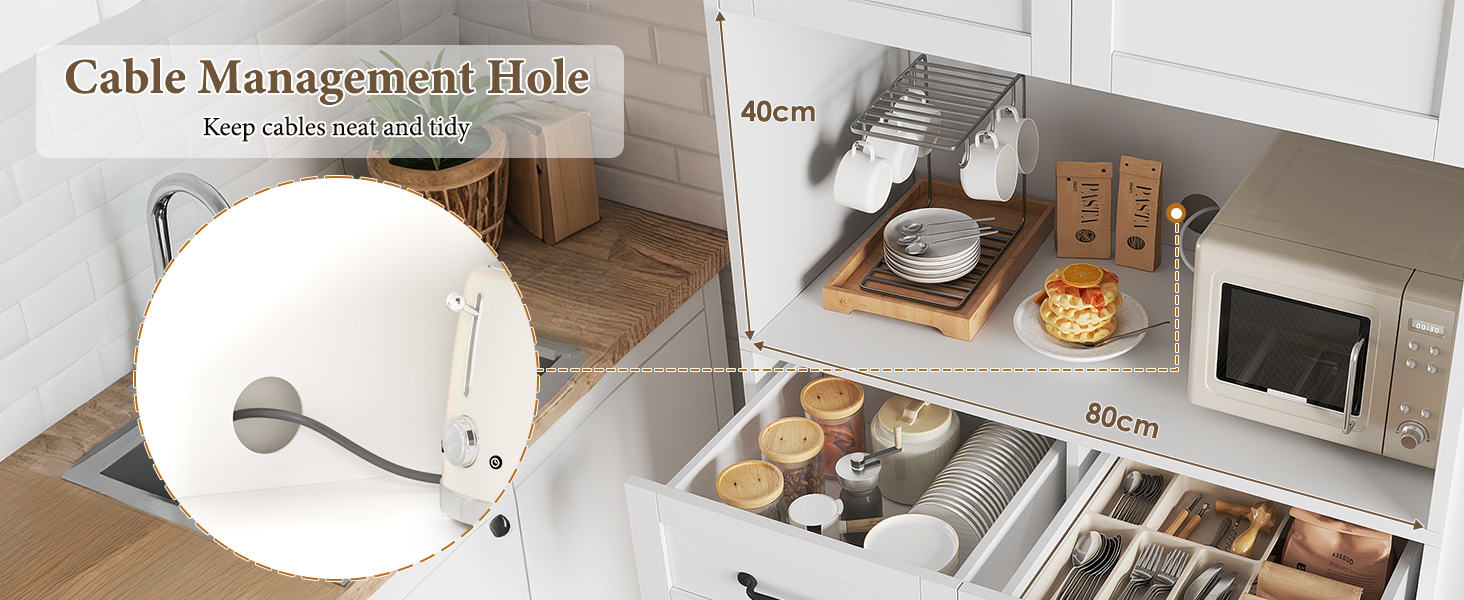 Кухонна шафа HOCSOK 180 см: буфет з робочою поверхнею, шафа для зберігання з 4 дверцятами та 2 ящиками, висока шафа-багатоцільова з регульованою полицею, білий
