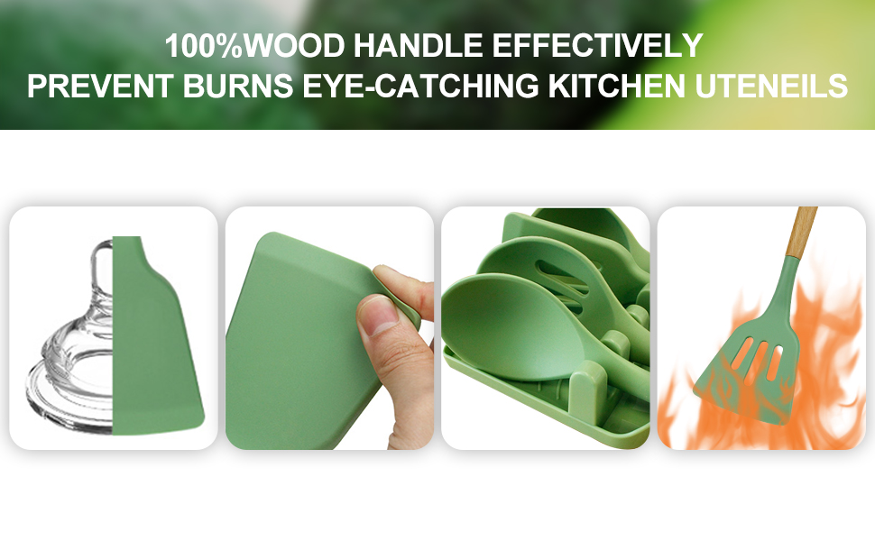 Набір кухонних аксесуарів 13шт, силікон, стійкий до високих температур, з дерев'яною ручкою (авокадо-зелений)