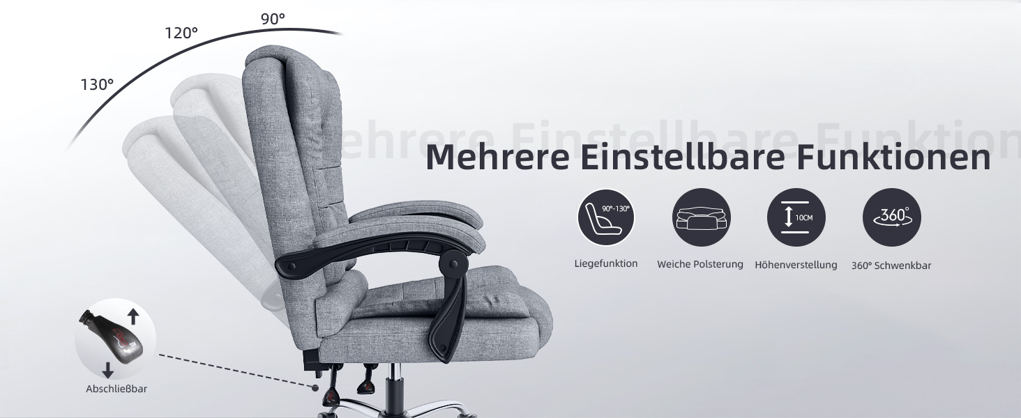 Офісний крісло Chefsessel з високою спинкою, ергономічне, оббите PU шкірою, з регульованою висотою та кутом нахилу, з м'якими підлокітниками, сіре