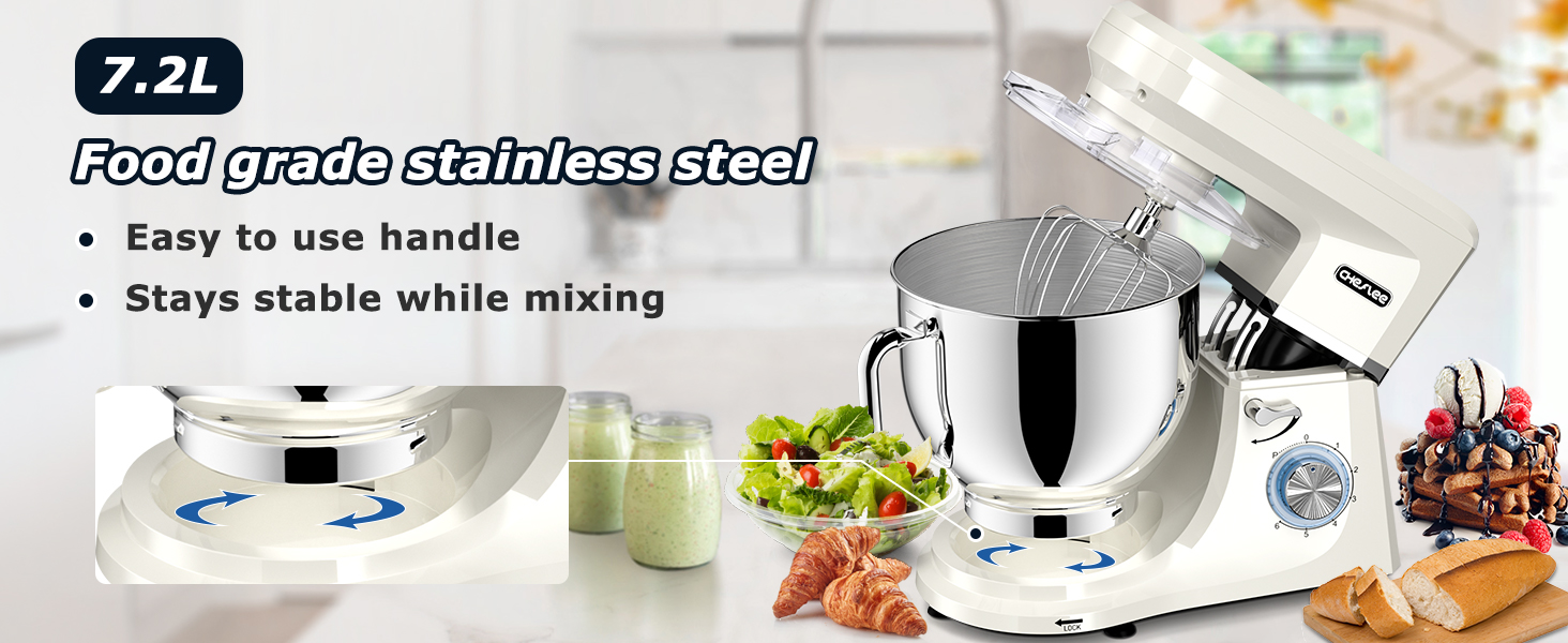 Кухонна машина Cheflee 2000W: потужна планетарна міксер для тіста та збивання, 6 швидкостей, 7.2 л чаша з нержавіючої сталі, гак для тіста та вінчик, захист від бризок (Cream White)