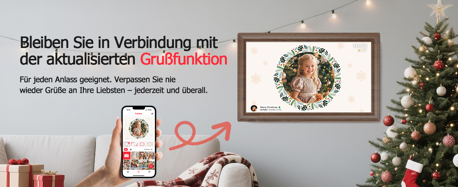 Цифровий фоторамка Frameo 10.1 дюйма з Wi-Fi, сенсорний IPS екран HD 1280*800, 32GB пам'яті, автоповорот, підтримка Frameo App для зручного обміну фото та відео, корпус з дерева (15.6 дюймів)