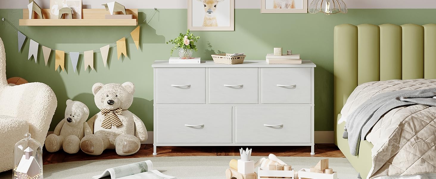 Тумбочка з шухлядами Somdot, тканинна тумбочка, біла тумбочка для спальні, вітальні, прихожої, 5 шухляд, 30x100x52.5 см