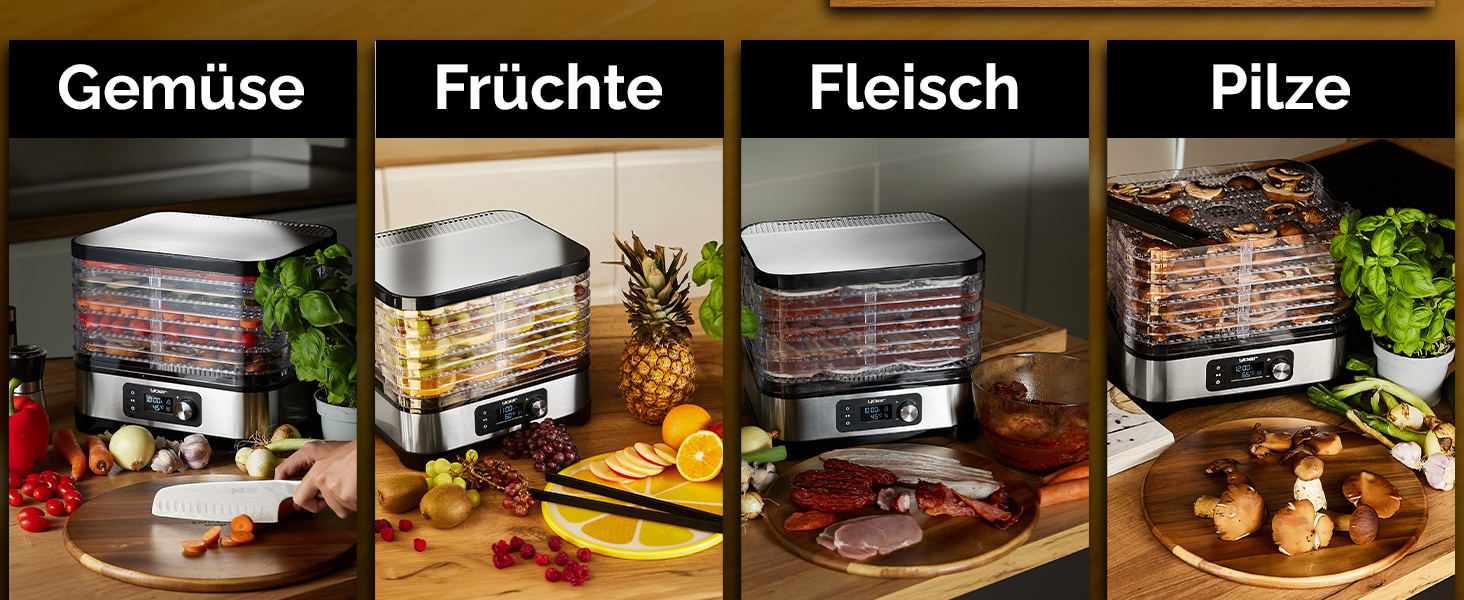 Дорівка для продуктів VitaSave FD01S з нержавіючої сталі, 450W, 6 ящиків, 9 аксесуарів, 4725 см², таймер 24 год, LED-дисплей, BPA-free, для фруктів та сухофруктів