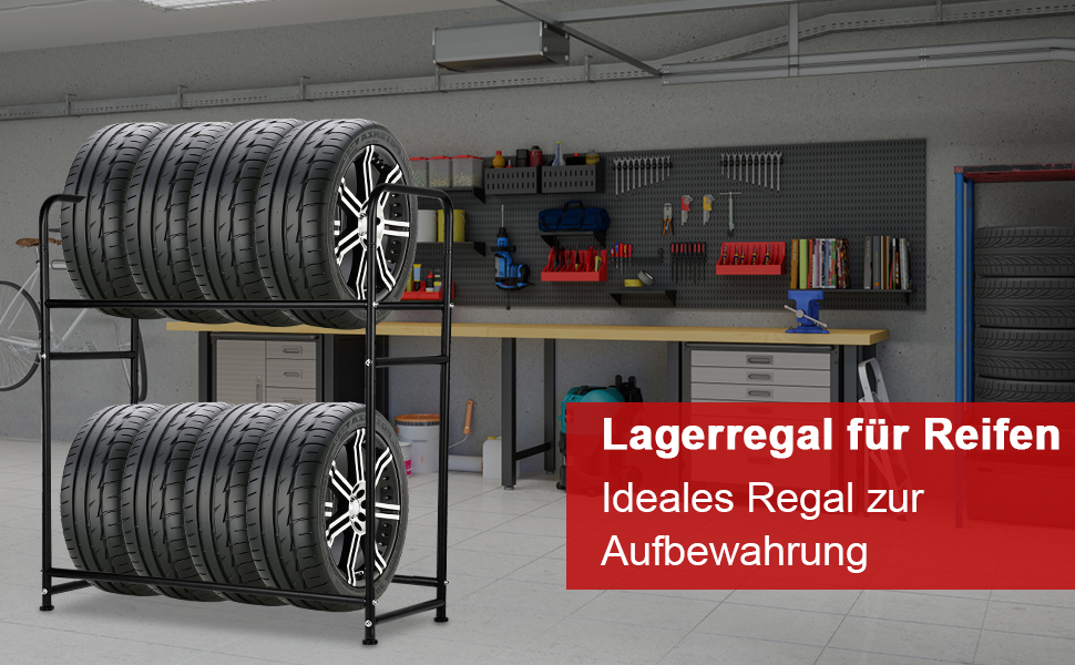 Стеляж для шин 107 x 46 x 117 см: міцна конструкція на 8 шин, регулювання висоти, вантажопідйомність 180 кг, з захисними чохлами, для гаража, підвалу, майстерні