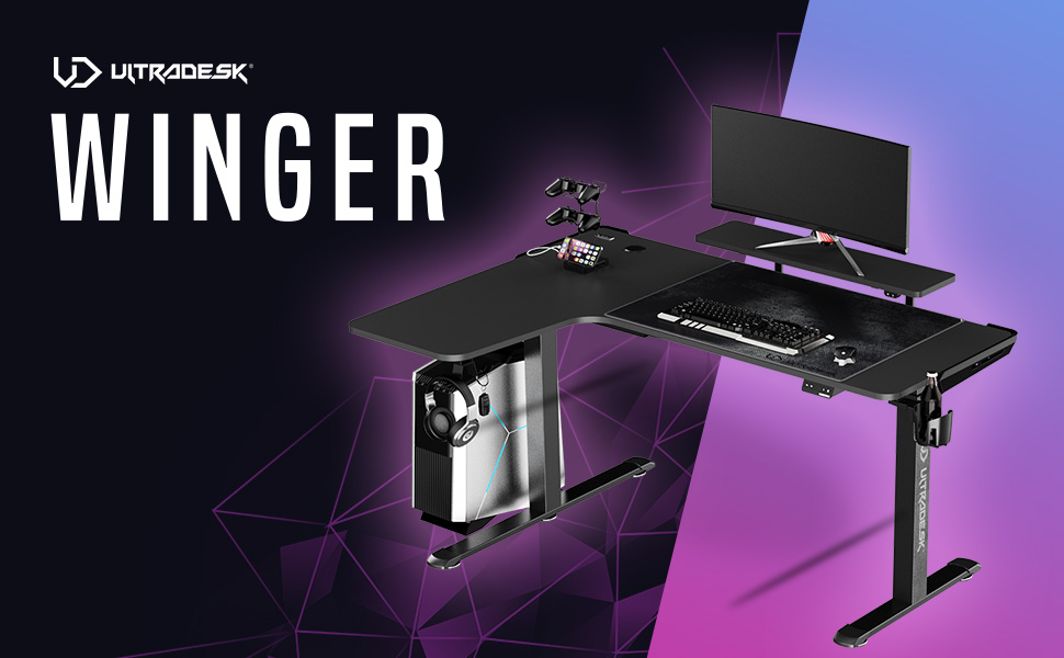 Ігровий стіл ULTRADESK Winger RGB LED L-подібний, електричний підйомний стіл для комп'ютера, білий, 155x111x60 см (лівий)