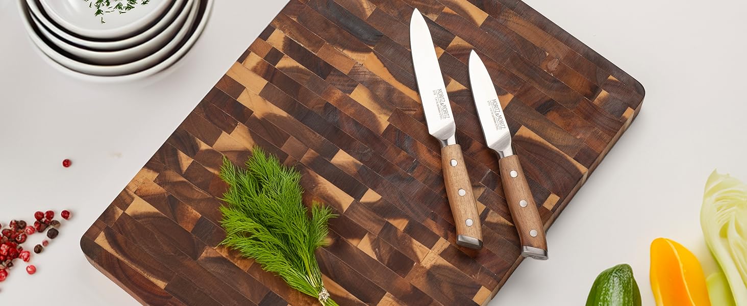 Професійний кухонний ніж Moritz & Moritz 20 см з дамаської сталі 67 шарів - ніж шеф-кухаря з ергономічною ручкою з акації