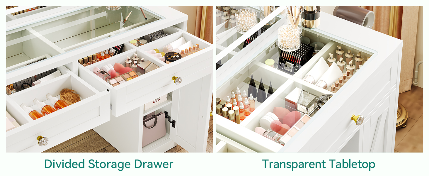 Туалетний столик YITAHOME з LED-дзеркалом, регульоване 3-кольорове освітлення, скляна стільниця, вбудована розетка, для спальні, 115 x 40 x 134 см, білий