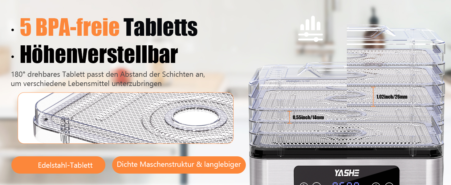 Електричний дегідратор YASHE з нержавіючою сіткою, 5-ярусний, 400W, з таймером для м'яса, фруктів, овочів, трав та собачих ласощів. 5 ярусів з нержавіючої сталі