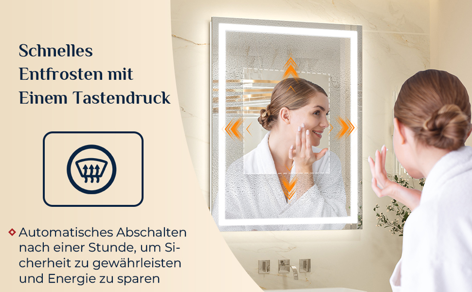 Дзеркало для ванної кімнати Keonjinn з підсвічуванням 50x70 см, без запотівання, LED, сенсорне керування, 3 кольори, регулювання яскравості, пам'ять, без рамки